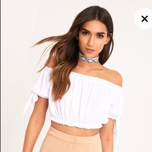 PrettyLittleThing White Bardot Bow Sleeve Crop Top